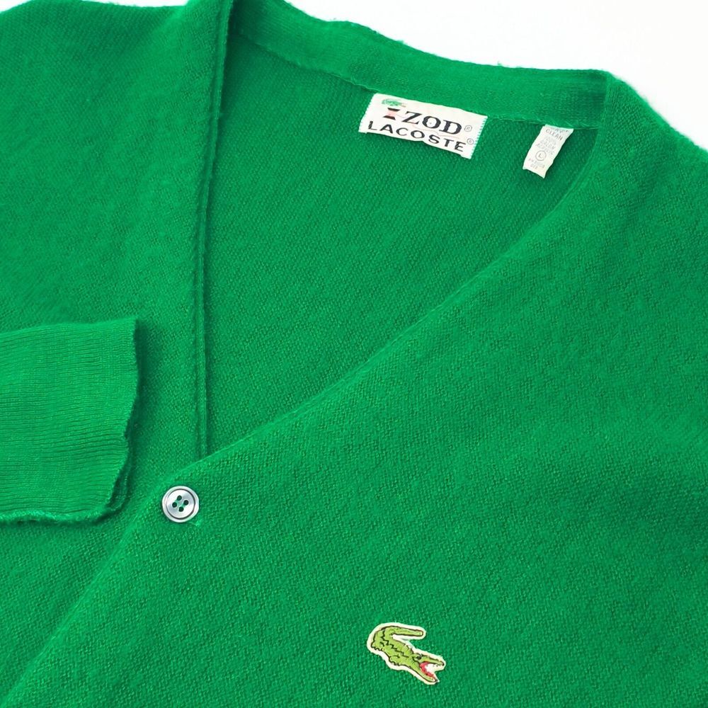 Izod Lacoste VTG Green Orlon Acrylic Long Sleeve Cardigan Sweater Large Flawed*
